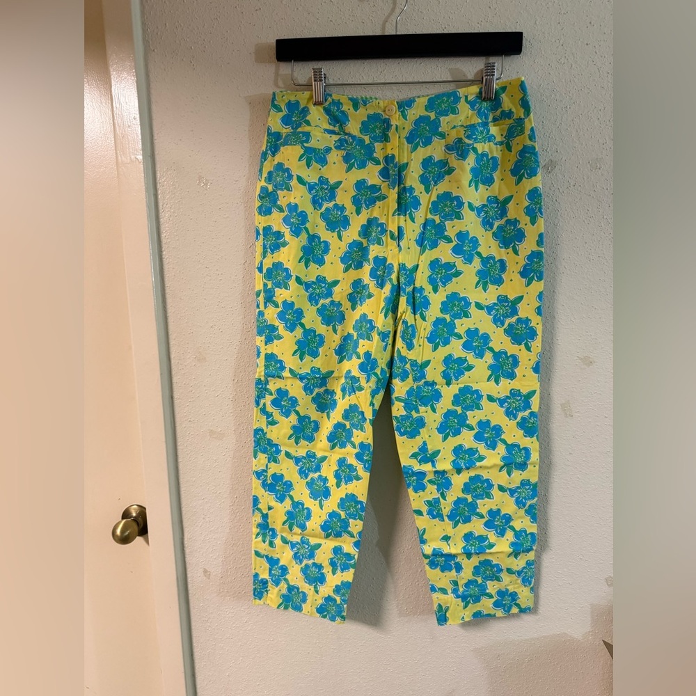 Lilly Pulitzer Women Capris Crop Pants Sz 6 Yellow Green Teal Floral Pull On Zip